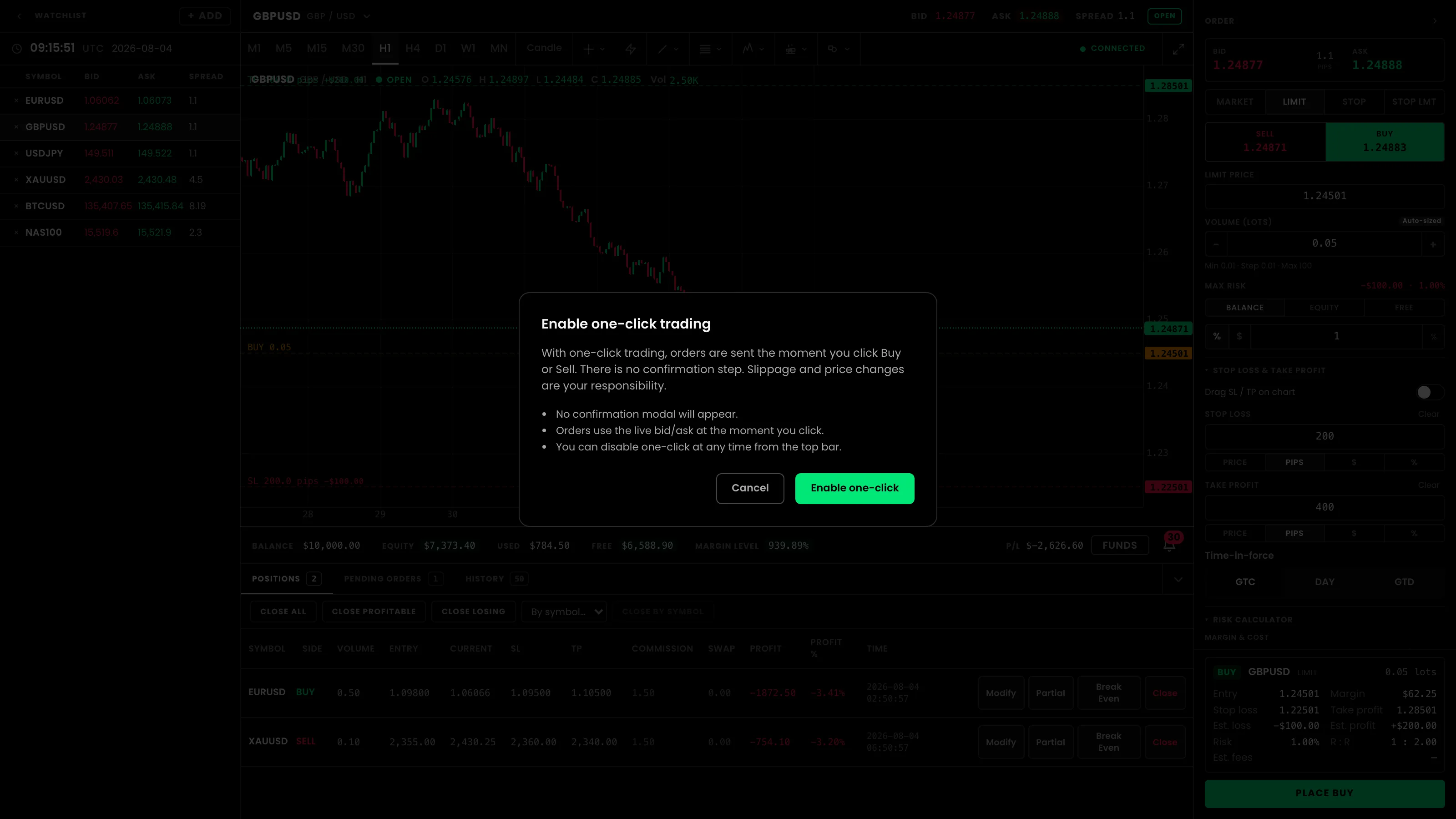 پنجرهٔ هشدار Enable one-click trading با دکمه‌های Cancel و Enable one-click
