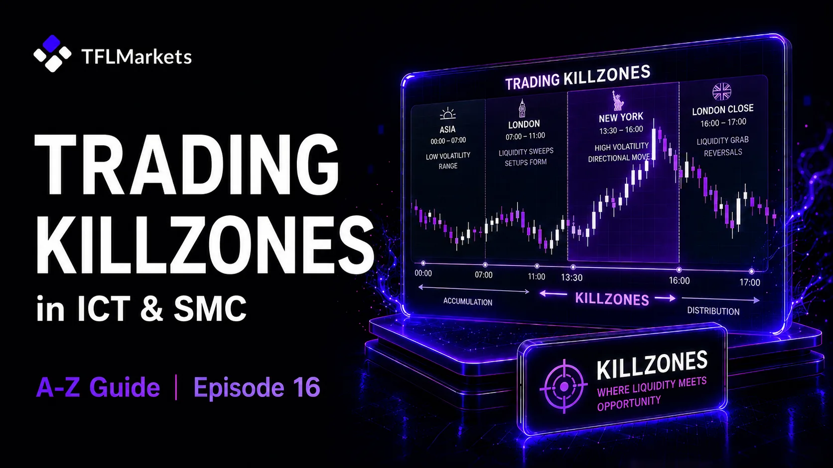 Trading Killzones in ICT and SMC cover showing Asia, London, New York, and London Close sessions on a trading chart