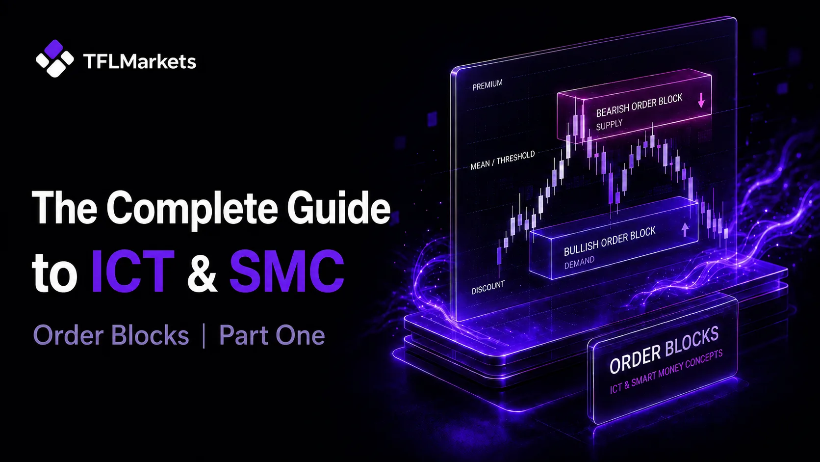 ICT and SMC order blocks tutorial cover featuring a candlestick chart with bullish and bearish order block zones