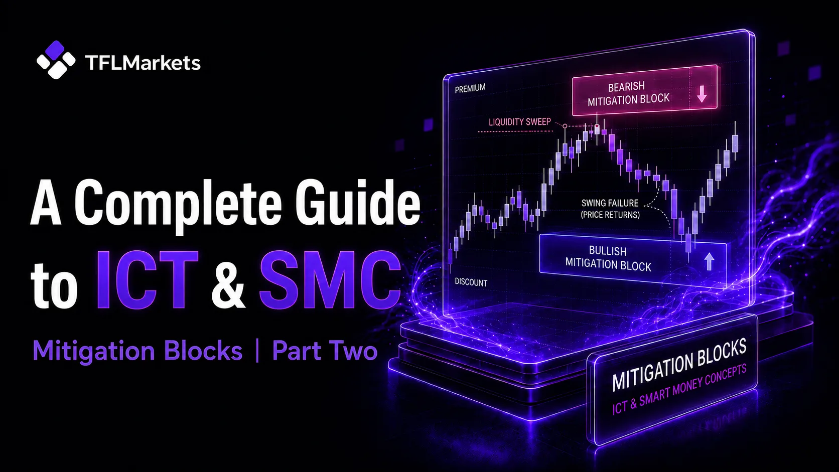 Cover image for Mitigation Blocks in ICT and SMC, featuring a candlestick chart, bullish and bearish mitigation zones