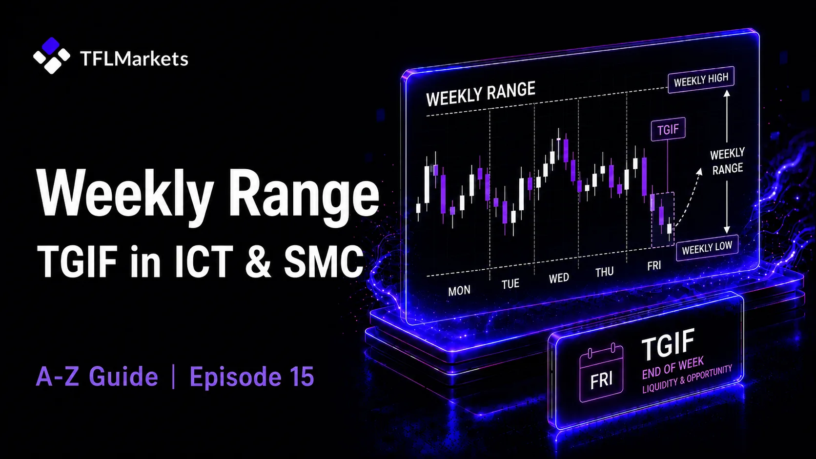Weekly Range and TGIF in ICT and SMC tutorial cover featuring a candlestick chart, weekly high and low, and price structure across the trading week.