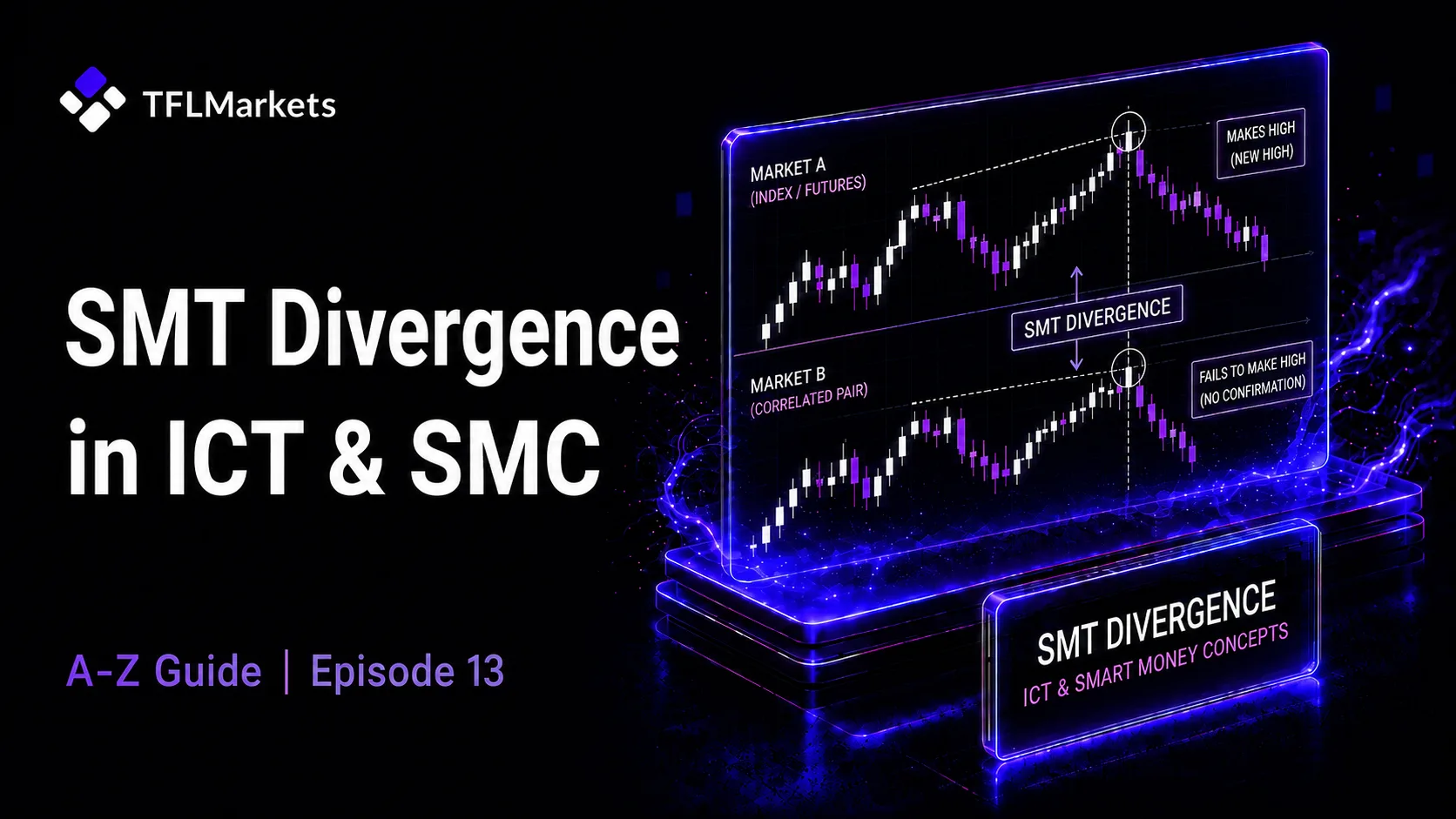 Episode 13 cover for ICT and SMC training on SMT Divergence, showing correlated market comparison, candlestick charts, and SMT confirmation concepts by TFLMarkets.