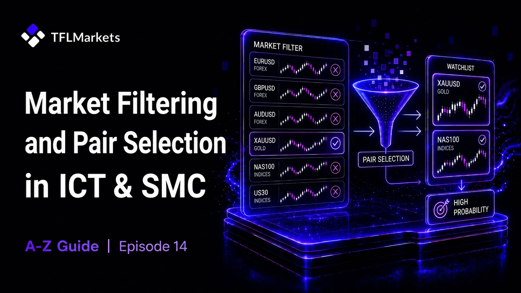 Episode 14 ICT and SMC trading cover about market filtering and pair selection, showing the Market Filtering process, Pair Selection, watchlist screening, and high-probability trading setups.